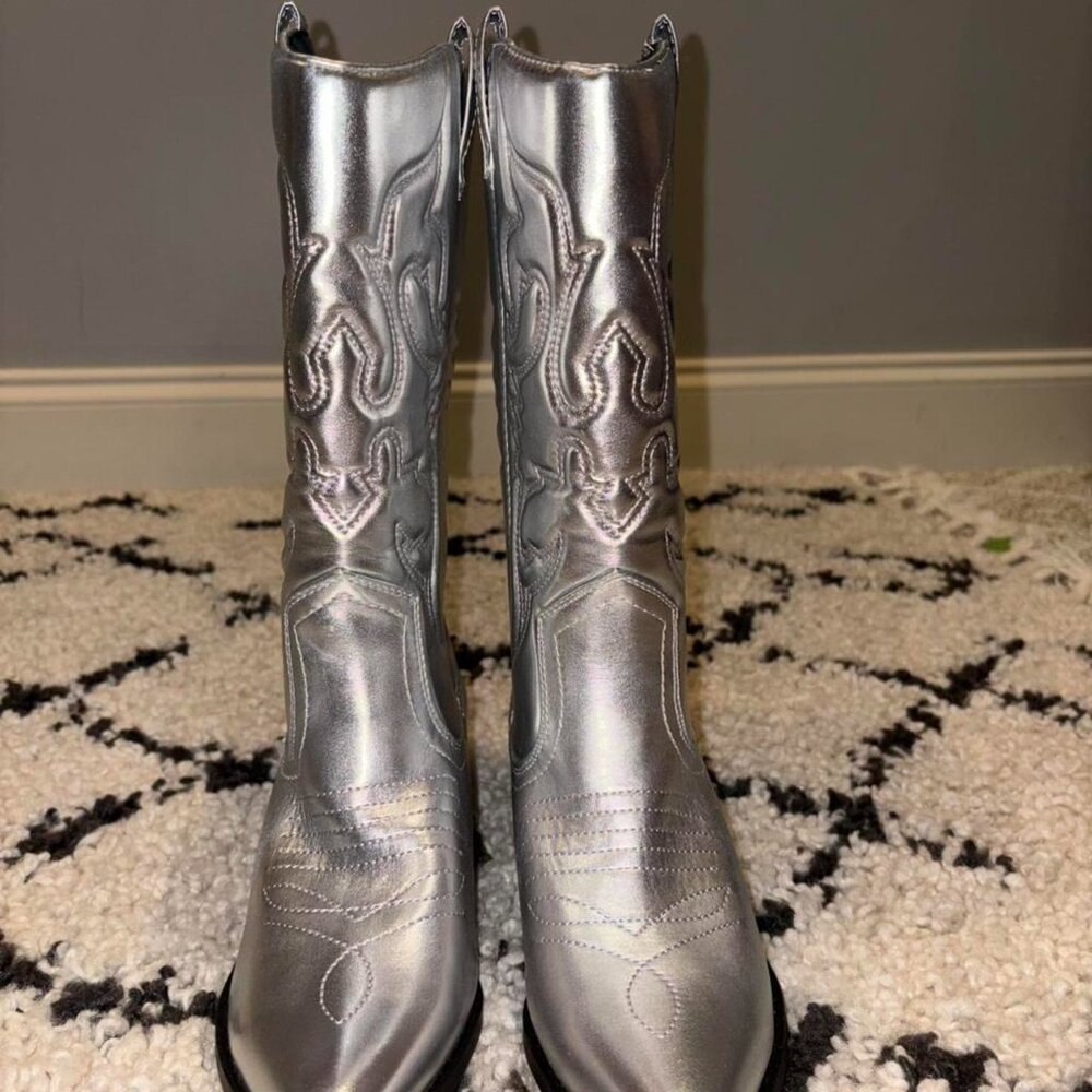 Triple Threads Silver Metallic Cowboy Boots - Picture 2 of 5